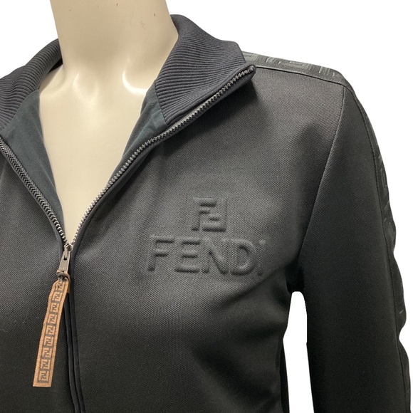 FENDI BLACK LOGO EMBOSSED JERSEY PIQUE TRACK JACKET AND TRACK PANTS SET - Picture 7 of 8